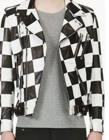 Men’s Biker Asymmetrical Zipper Checkerboard Leather Jacket
