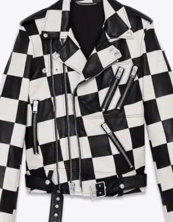 Men’s Biker Asymmetrical Zipper Checkerboard Leather Jacket