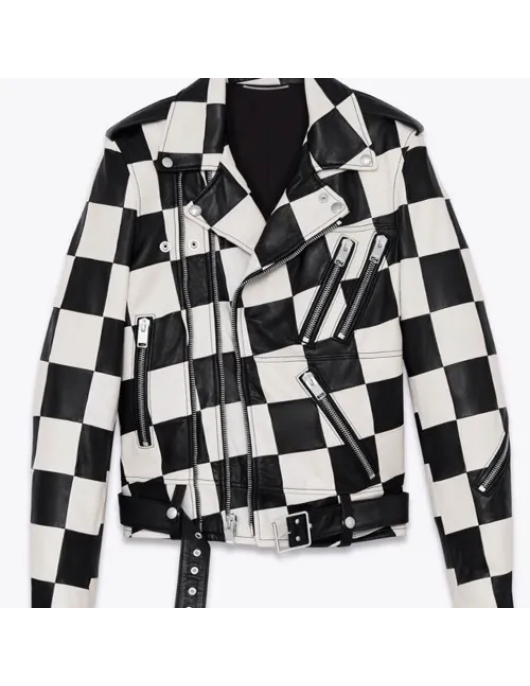 Men’s Biker Asymmetrical Zipper Checkerboard Leather Jacket