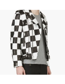 Men’s Biker Asymmetrical Zipper Checkerboard Leather Jacket