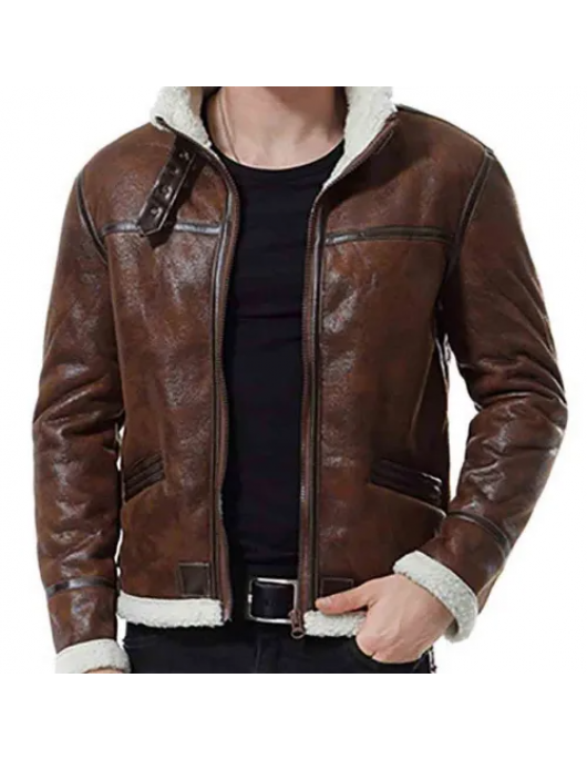 Men’s Biker Shearling Bomber Distressed Brown Leather Jacket