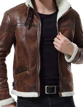 Men’s Biker Shearling Bomber Distressed Brown Leather Jacket
