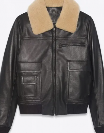 Men’s Black Sheepskin Leather Aviator Jacket with Removable Fur Collar