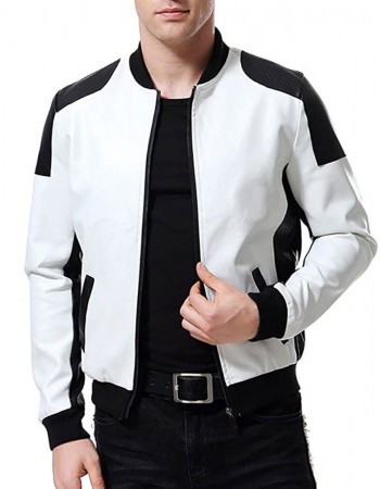 Men’s Black and White Leather Biker Bomber Jacket