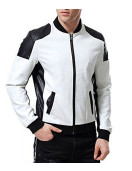 Men’s Black and White Leather Biker Bomber Jacket