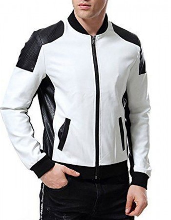 Men’s Black and White Leather Biker Bomber Jacket