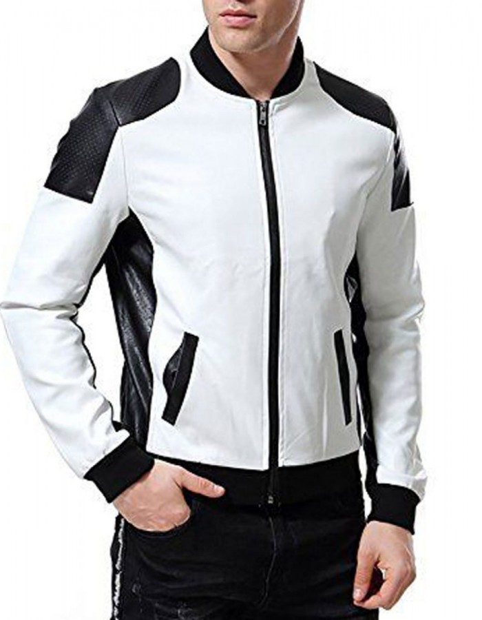 Men’s Black and White Leather Biker Bomber Jacket Men’s Black and White Leather Biker Bomber Jacket