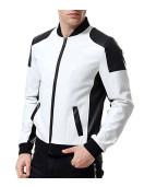 Men’s Black and White Leather Biker Bomber Jacket