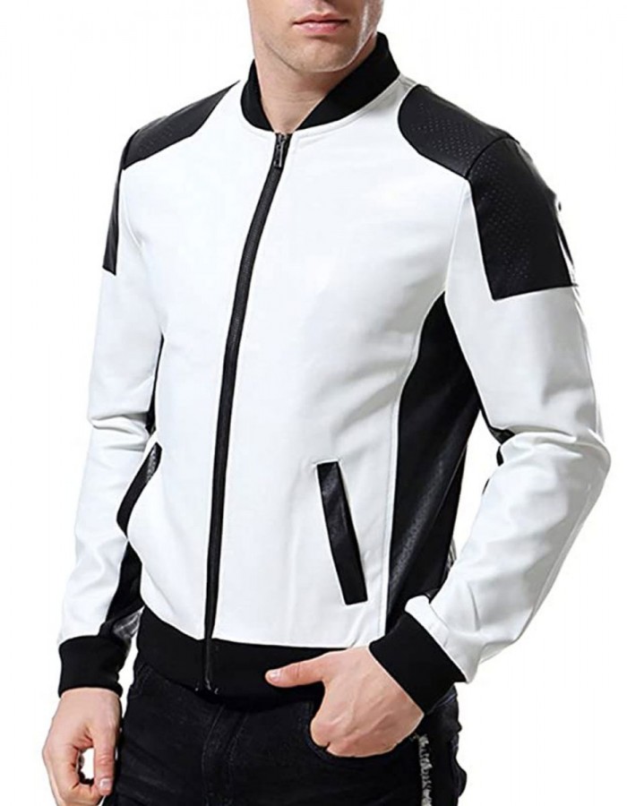 Men’s Black and White Leather Biker Bomber Jacket Men’s Black and White Leather Biker Bomber Jacket