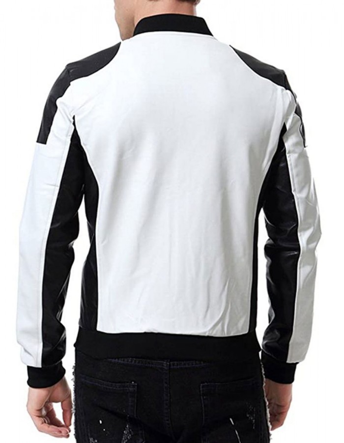 Men’s Black and White Leather Biker Bomber Jacket Men’s Black and White Leather Biker Bomber Jacket
