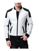 Men’s Black and White Leather Biker Bomber Jacket