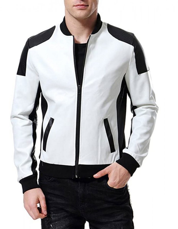Men’s Black and White Leather Biker Bomber Jacket Men’s Black and White Leather Biker Bomber Jacket