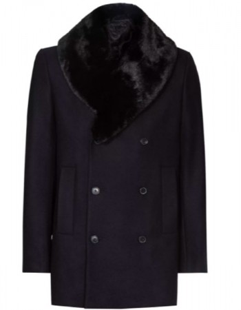 Men’s Blue Peacoat with Faux Fur Trimmed
