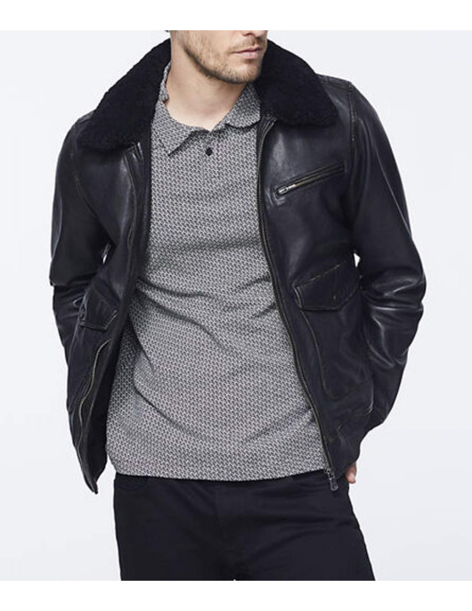 Men’s Bomber Black Jacket with Sherpa Collar