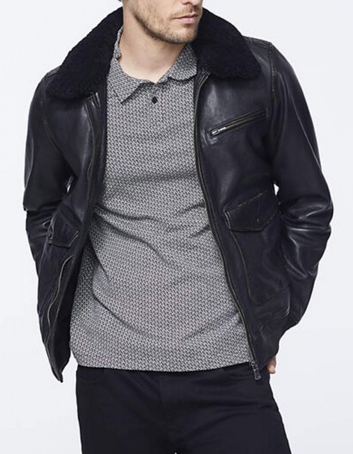 Men’s Bomber Black Jacket with Sherpa Collar Men’s Bomber Black Jacket with Sherpa Collar