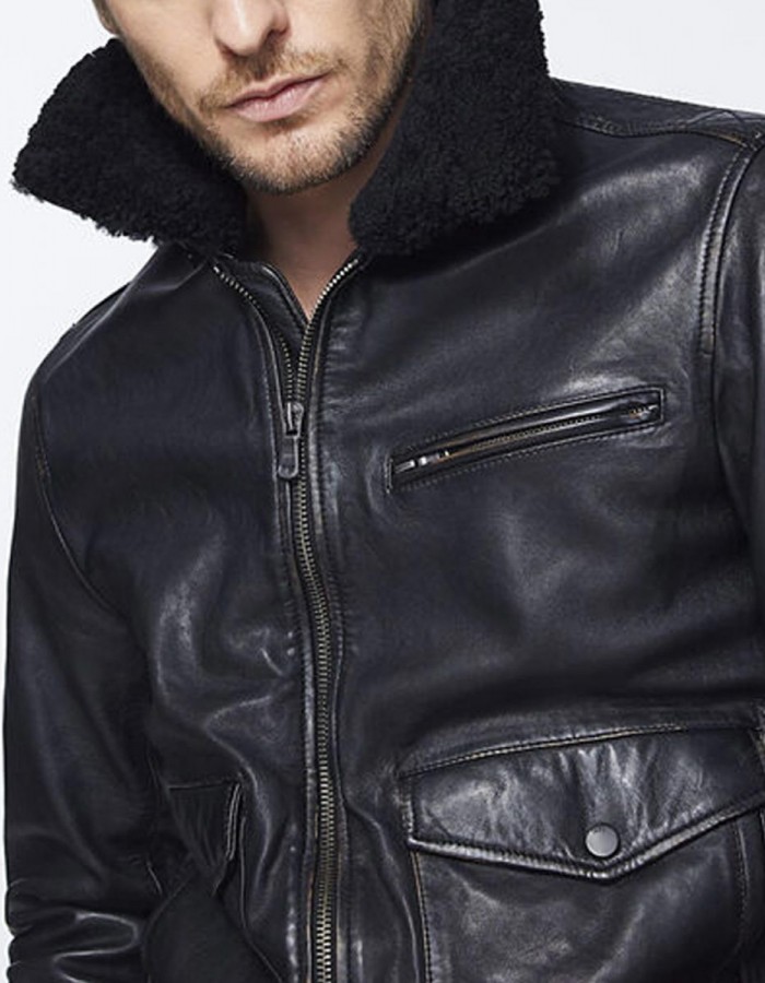 Men’s Bomber Black Jacket with Sherpa Collar Men’s Bomber Black Jacket with Sherpa Collar