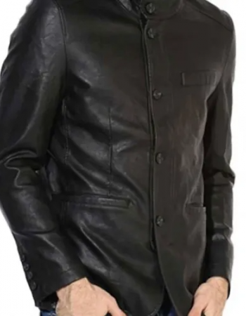 Men’s Button Closure Casual Stand Up Collar Black Leather Blazer