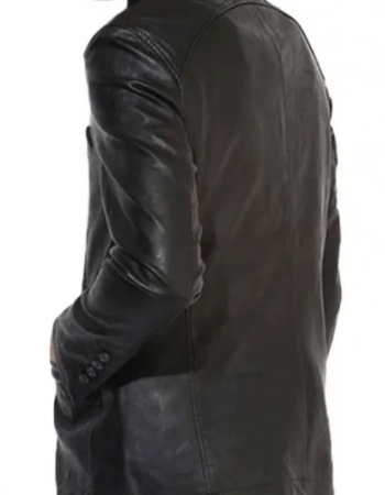 Men’s Button Closure Casual Stand Up Collar Black Leather Blazer