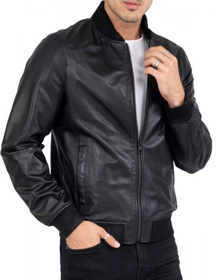 Men’s Casual Bomber Real Black Leather Jacket Men’s Casual Bomber Real Black Leather Jacket