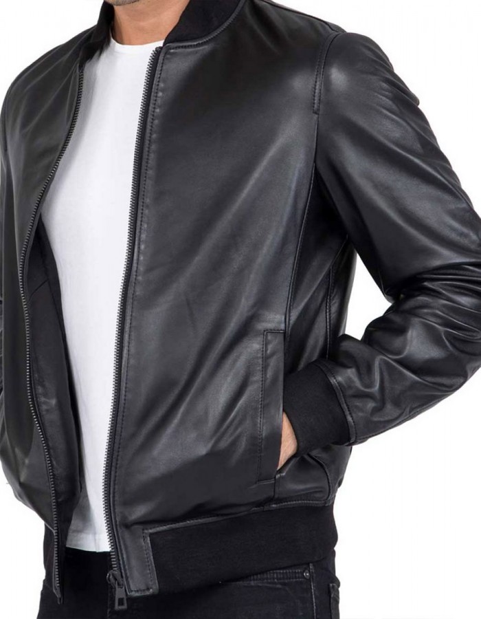 Men’s Casual Bomber Real Black Leather Jacket Men’s Casual Bomber Real Black Leather Jacket