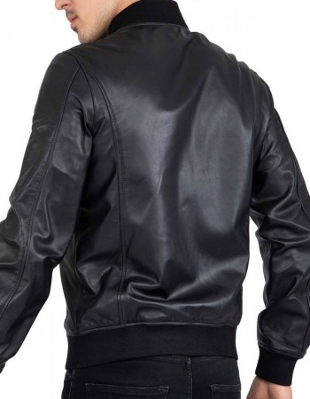 Men’s Casual Bomber Real Black Leather Jacket