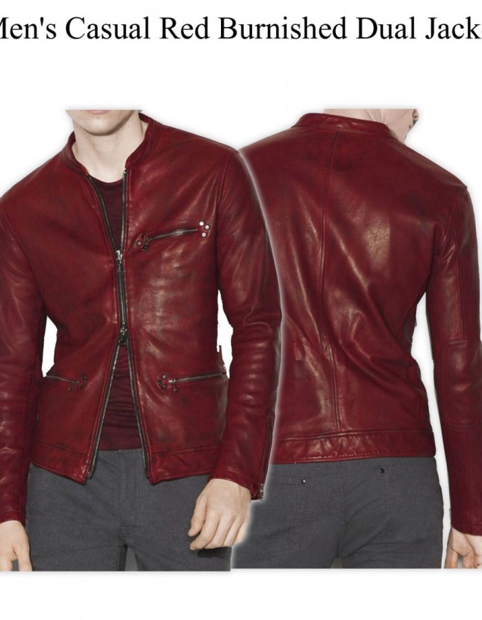 Men’s Casual Red Burnished Dual Zipper Jacket Men’s Casual Red Burnished Dual Zipper Jacket