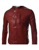 Men’s Casual Slim Fit Snap Tab Collar Maroon Faux Leather Jacket