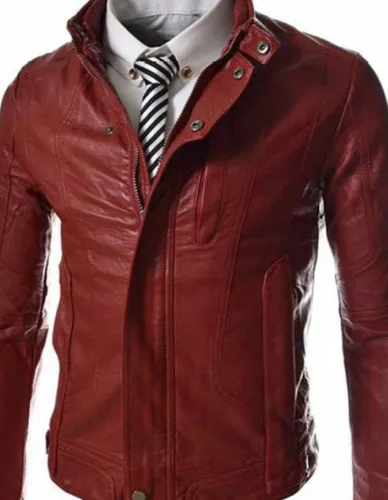 Men’s Casual Slim Fit Snap Tab Collar Maroon Faux Leather Jacket Men’s Casual Slim Fit Snap Tab Collar Maroon Faux Leather Jacket
