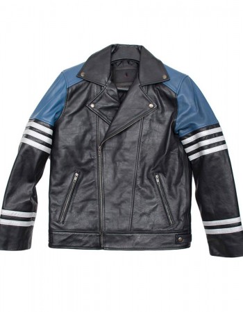Men’s Classic Black and Blue Striped Leather Biker Jacket