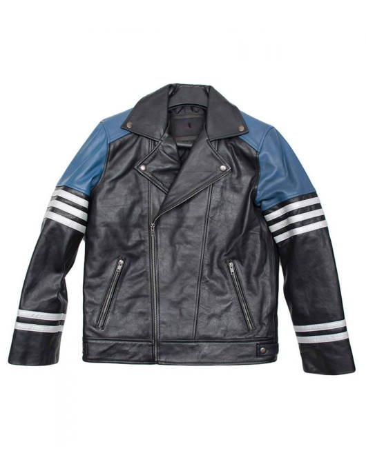 Men’s Classic Black and Blue Striped Leather Biker Jacket