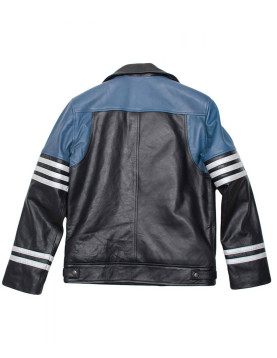 Men’s Classic Black and Blue Striped Leather Biker Jacket