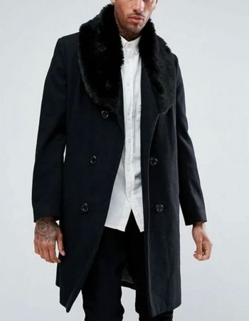 Men’s Double Breasted Black Overcoat with Faux Fur Trim