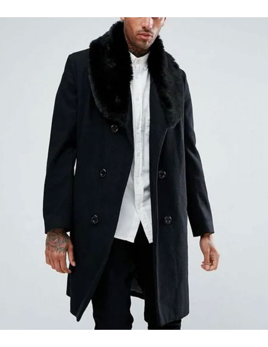 Men’s Double Breasted Black Overcoat with Faux Fur Trim