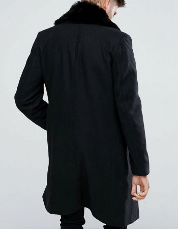 Men’s Double Breasted Black Overcoat with Faux Fur Trim Men’s Double Breasted Black Overcoat with Faux Fur Trim