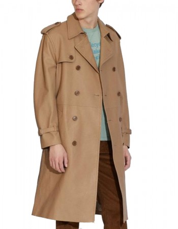 Men’s Double Breasted Light Brown Belted Leather Coat Men’s Double Breasted Light Brown Belted Leather Coat
