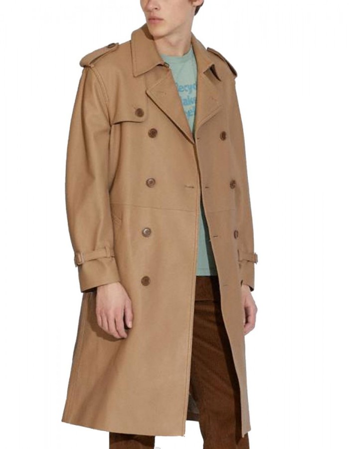 Men’s Double Breasted Light Brown Belted Leather Coat Men’s Double Breasted Light Brown Belted Leather Coat