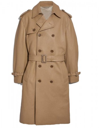 Men’s Double Breasted Light Brown Belted Leather Coat