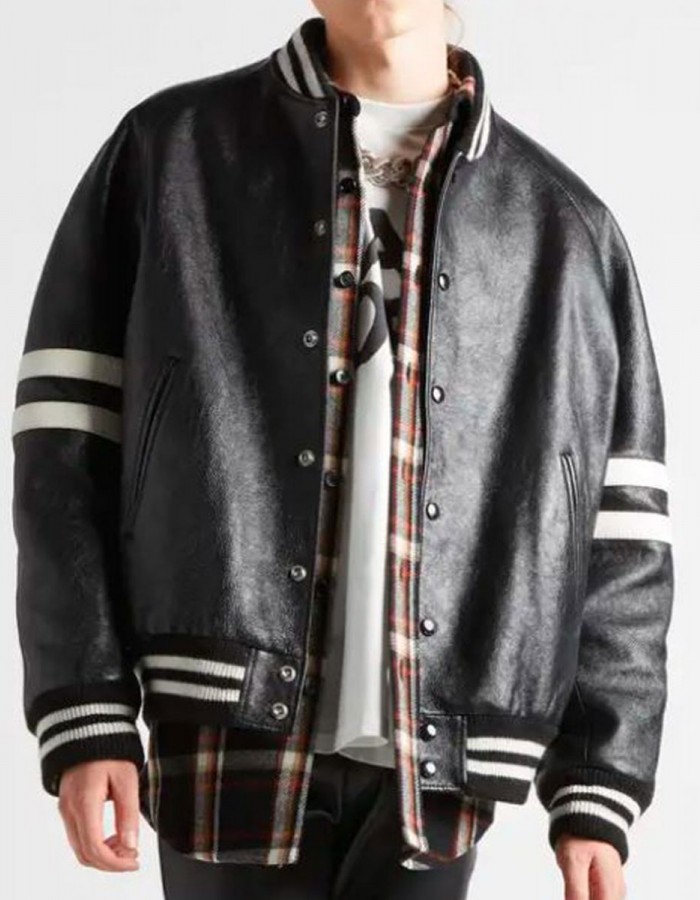 Men’s Homme Striped Black Leather Bomber Jacket Men’s Homme Striped Black Leather Bomber Jacket