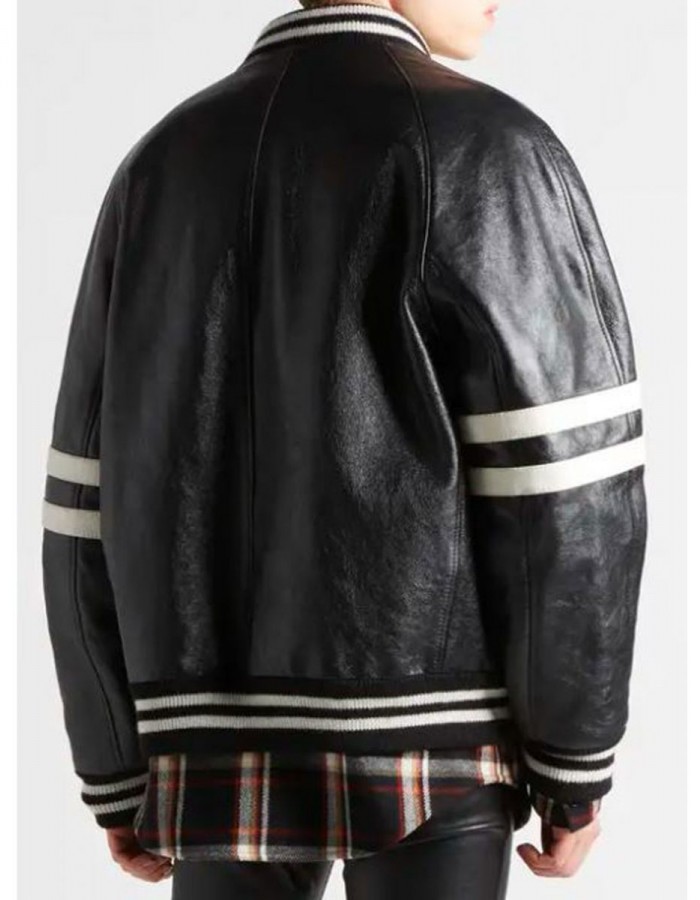 Men’s Homme Striped Black Leather Bomber Jacket Men’s Homme Striped Black Leather Bomber Jacket