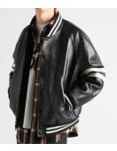 Men’s Homme Striped Black Leather Bomber Jacket