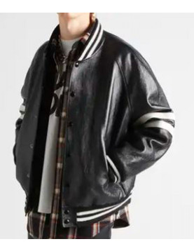 Men’s Homme Striped Black Leather Bomber Jacket