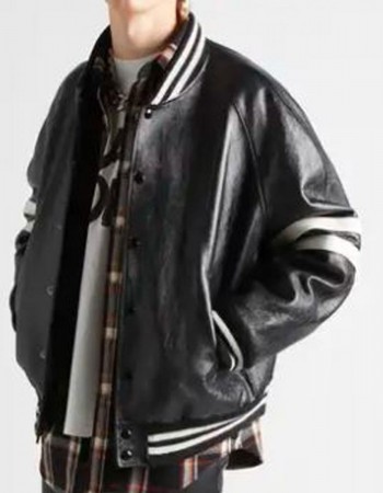 Men’s Homme Striped Black Leather Bomber Jacket Men’s Homme Striped Black Leather Bomber Jacket