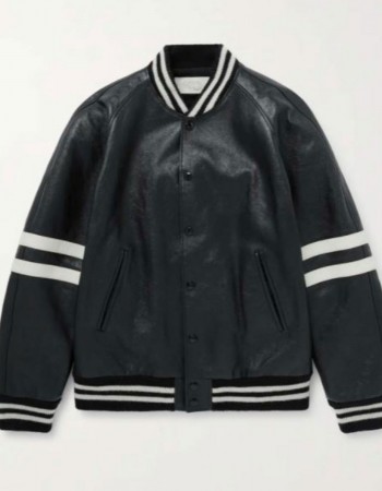 Men’s Homme Striped Black Leather Bomber Jacket