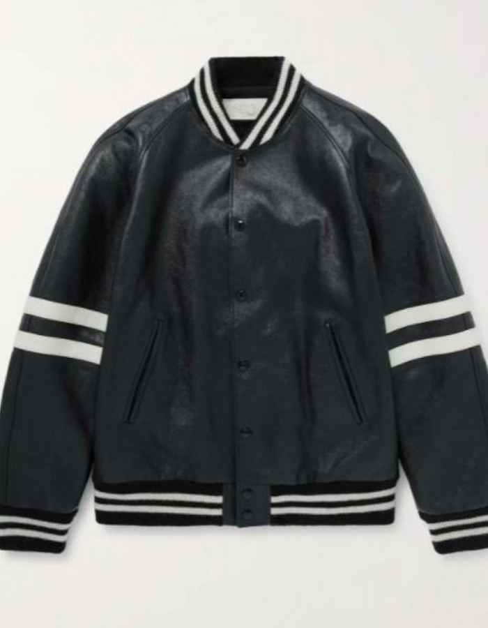 Men’s Homme Striped Black Leather Bomber Jacket Men’s Homme Striped Black Leather Bomber Jacket
