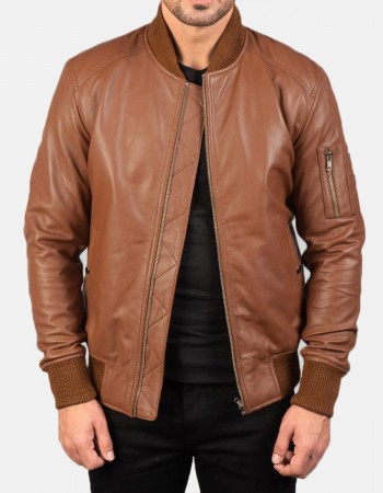 Men’s MA-1 Flight Brown Leather Bomber Jacket