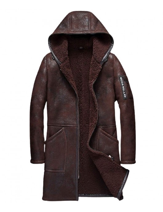 Men’s Moda Nellav Dark Brown Shearling Leather Hooded Coat