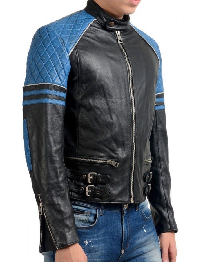 Men’s Quilted Biker Stylish Black and Blue Leather Jacket Men’s Quilted Biker Stylish Black and Blue Leather Jacket