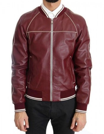 Men’s Stitched Bomber Maroon Leather Jacket