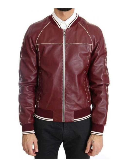 Men’s Stitched Bomber Maroon Leather Jacket