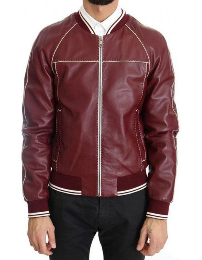 Men’s Stitched Bomber Maroon Leather Jacket Men’s Stitched Bomber Maroon Leather Jacket